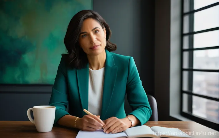 중독상담사의 감정노동 대처법 - **Prompt: The Weight of Empathy**
A diverse female addiction counselor, in her late 30s to early...